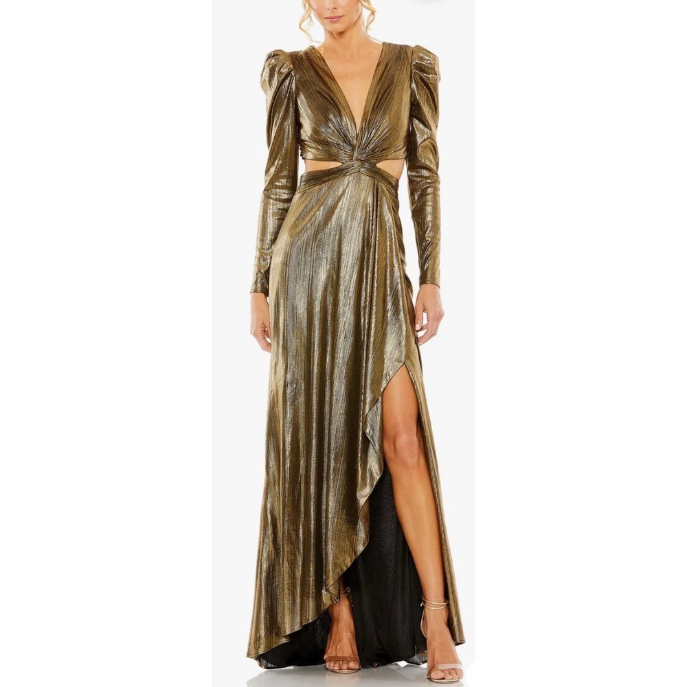 Ieena for Mac Duggal Gold Metallic Cut Out Gown Long Sleeve Maxi‎ Dress 27060 14